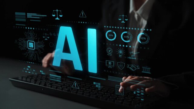 AI circuit microchip with glowing blue lines, surrounded by legal scales, warning symbols, data sheets, and binary codes, representing ethical AI, AI governance, and data integrity Marrow