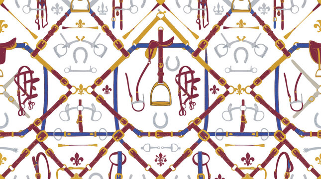 Equestrian vector pattern of tack, riding equipment, leather straps, harnesses, stirrups, and bits in a classic seamless design