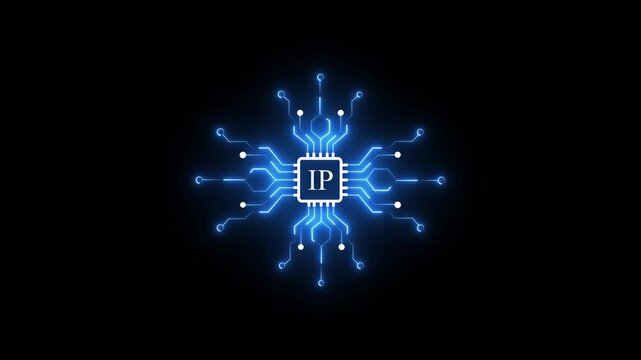 IP Address Microchip with Neon Circuit Lines Vector Illustration 4k motion graphics of Black Background.