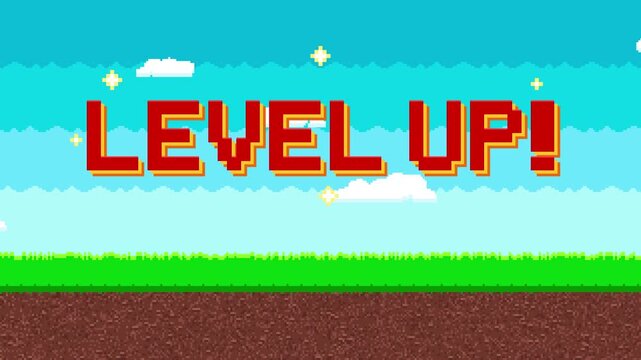 Level up text in red pixel font with sparkles over retro 8-bit game landscape, grass, dirt and drifting clouds