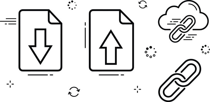 Cloud Storage and File Transfer Icon Set Featuring Document Upload Download Hyperlinks Chain Links and Synchronize Line Art Symbols for Digital Platforms