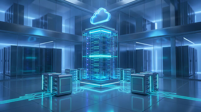 Data center server rack with glowing cloud computing symbol and digital network