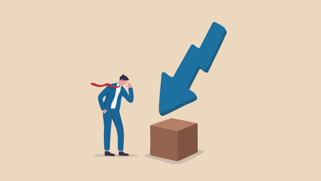 Businessman looking at a brown box with a large blue downward arrow pointing at the
