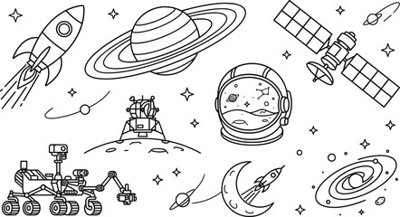 Outer Space Exploration Line Icon Set featuring Rocket Ship Astronaut Helmet Mars Rover Satellite Moon Lander and Planet Symbols for Astronomy Educational Graphic Designs © Moklach