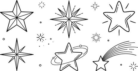 Star and Sparkle Icon Set Featuring Geometric North Stars Shooting Comets Hand Drawn Twinkles and Planetary Rings for Celestial Graphic Designs © Moklach