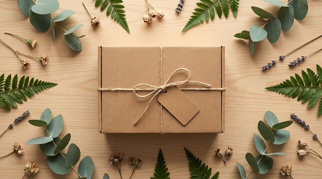 Wrapped gift box surrounded by natural foliage on a light wood background