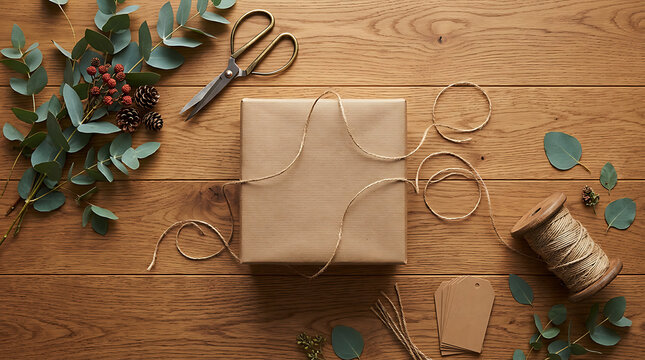 Flat lay composition of handmade Christmas present wrapping on wooden table