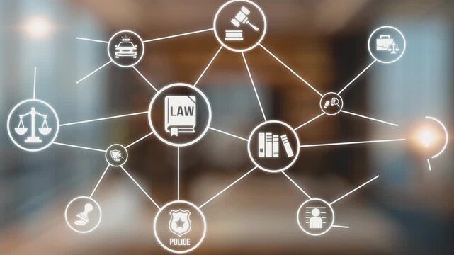 Law icons illustrate justice, court, and regulation system. Law represents fairness, law supports police, and law connects with rules, rights, and enforcement. Gist