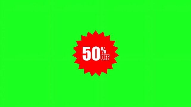 Red starburst shaped badge with fifty percent off text on a green screen background a promotional label showing 50 discount isolated on chroma key