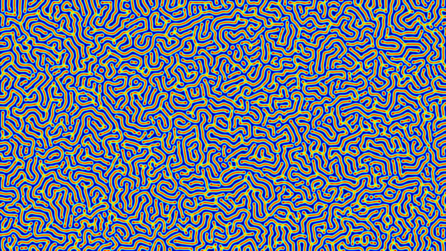 Seamless Turing pattern with orange, yellow, and green gradient organic lines on a blue background