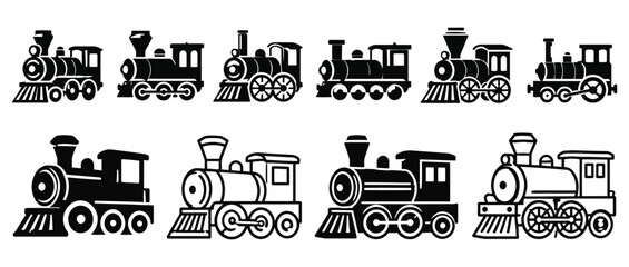 Set of eight vintage steam locomotive train icons in various detailed silhouette styles with steam engine retro train old fashioned train icon railway engine travel icon © Priyo Store
