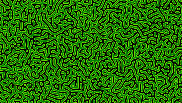Seamless Turing pattern with green gradient organic lines on a black background