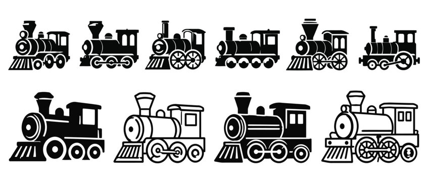 Set of eight vintage steam locomotive train icons in various detailed silhouette styles with steam engine retro train old fashioned train icon railway engine travel icon