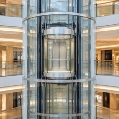 Naklejka premium Cylindrical panoramic glass lift shaft of a modern shopping mall seen from a walkway opposite