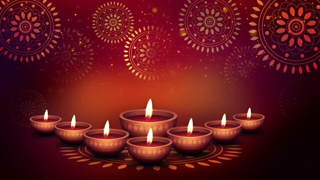 Row of traditional glowing oil lamps diya on decorated red and gold background