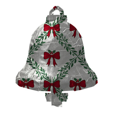 Christmas bell shape made of silver duct tape with a repeating pattern of green leaves, red ribbons, and holly berries against a clean white background for holiday design concepts