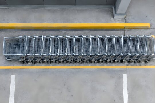 Long row of steel shopping trolleys parked nose to tail in a kerbside bay of a megamall car park