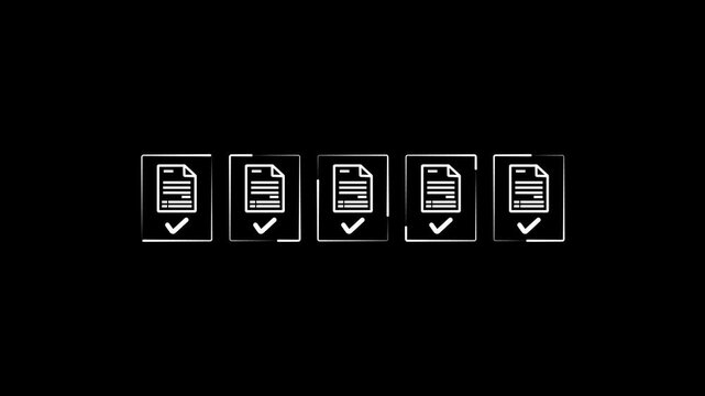 A row of five identical white line-art representing documents with checkmarks, displayed horizontally against a black background, symbolizing completed tasks, verification, or successful