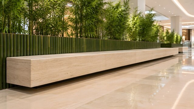 Long backless bench of pale travertine slabs in a megamall walkway with a low bamboo planter wall