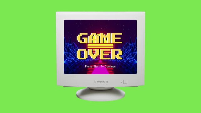 A classic retro game over screen displayed on a vintage CRT computer monitor, evoking nostalgia for 80s arcade gaming culture and digital defeat