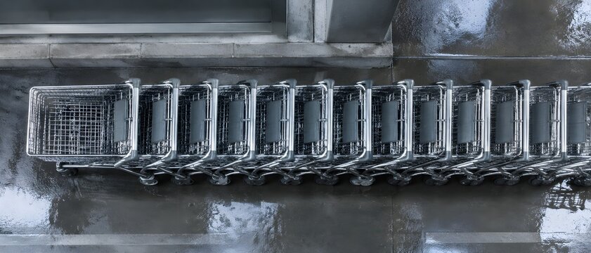 Long row of brushed steel shopping carts pushed nose to tail against a concrete kerb in a covered parking bay