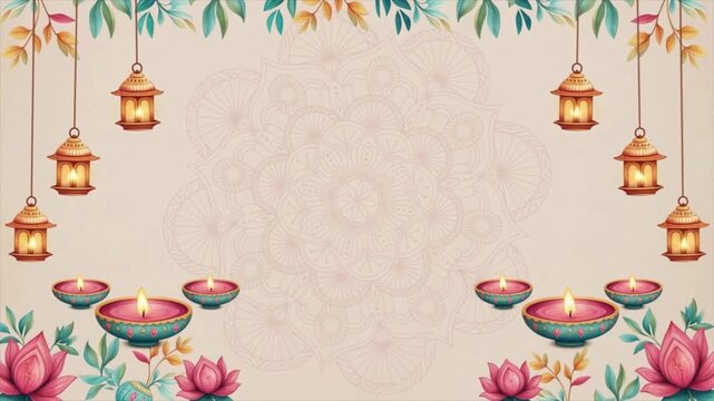 Diwali festival background with traditional oil lamps and lotus flowers diya