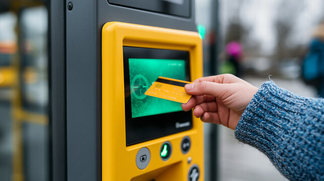 Contactless credit card payment on yellow terminal machine featuring blue digital screen for urban public transportation.