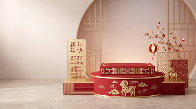 Festive Lunar New Year 2027 product display podium mockup with traditional Chinese red and gold decorations, plum blossom branches, and Year of the Sheep patterns.