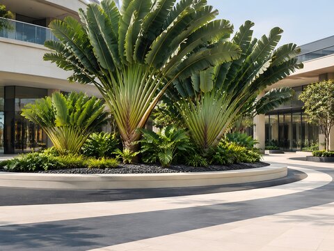 Raised island of traveller's palms on a mall plaza with broad fronds above dark gravel and layered bands of pale stone