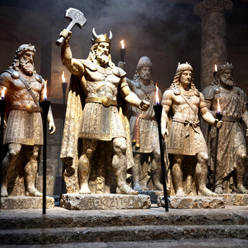 central statue of Thor / Donar holding Mjolnir