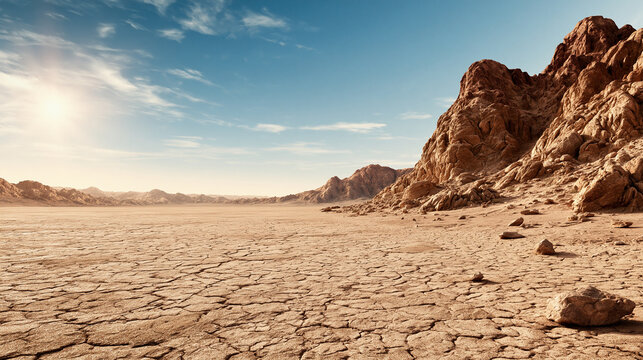Cracked dry desert floor with towering rock formations under a vivid blue sky, harsh environment.