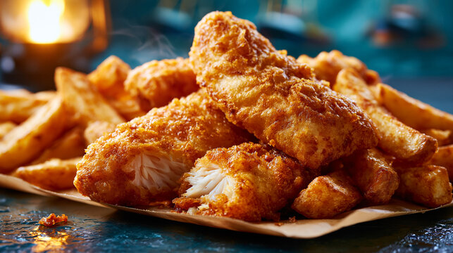 Crispy golden fried fish fillets with potato wedges served on brown paper for classic British takeaway dinner menu design.