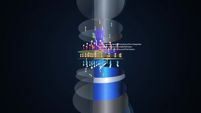 3D animation illustrating Spin-Transfer Torque Magnetic Random Access Memory STT MRAM technology showing electron spin polarization quantum tunneling and magnetic tunnel junction in nanotechnology