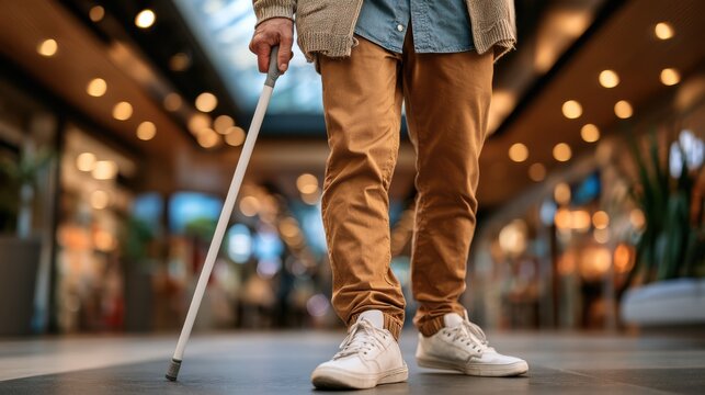 A blind person uses a white cane to navigate confidently through a modern indoor shopping mall filled with diverse stores and bright lighting.