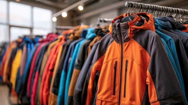 A close-up view looking through a rack of hanging skis, highlighting equipment storage and winter sports gear in detail.