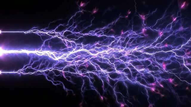 Electric Lightning Bolts Flashing and Spreading Across Black Background Close Up High Voltage Energy Discharge