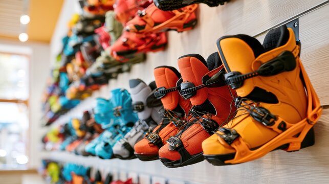 A detailed close-up image showcasing various snowboard bindings, highlighting their design, materials, and mechanical components for winter sports enthusiasts and retailers.