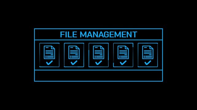 Blue outline of file management with five document and checkmarks against a black background representing organized digital assets and data handling