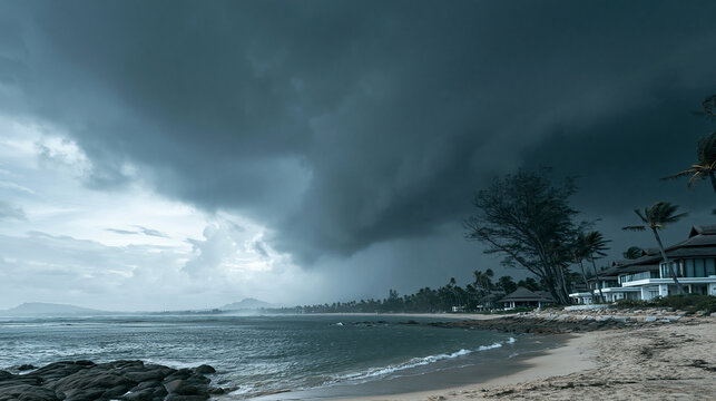 Dark ominous storm clouds gathering over tropical beach with palm trees and modern villas for weather hazard concepts.
