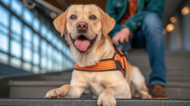 A guide dog wearing a harness attentively guiding its owner, symbolizing assistance, accessibility, and companionship in daily life for visually impaired individuals.