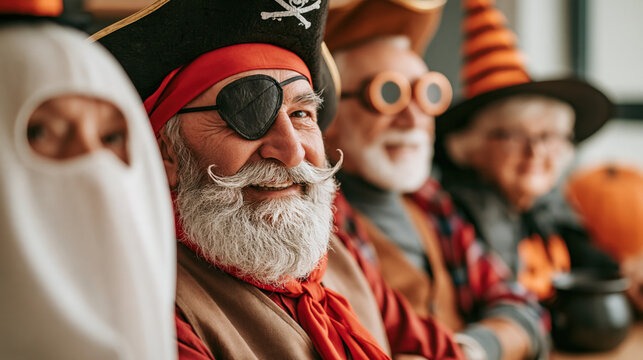 A diverse group of seniors dressed in elaborate Halloween costumes, including a pirate, witch, and ghost, showcase their festive spirit and camaraderie, radiating joy and a playful attitude.