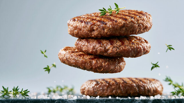 Delicious grilled burger patties floating in air with fresh green thyme herbs and coarse sea salt for culinary menu.