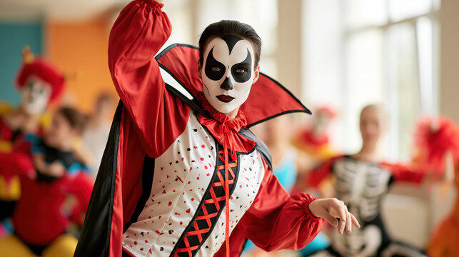 A person dressed as a vampire with dramatic face paint and a red and black costume is dancing in a room with other people in costumes.