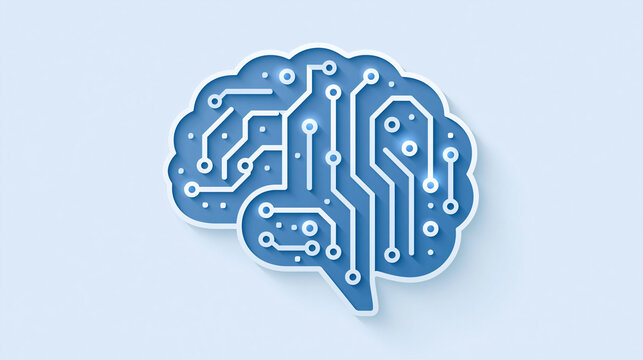 Detailed blue circuit board brain icon for advanced technology and artificial intelligence concepts.