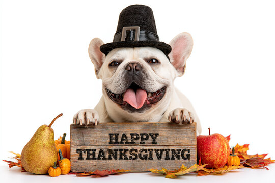 A happy French bulldog, adorned with a pilgrim hat, holds a Happy Thanksgiving sign amidst autumn foliage and fruits, embodying festive cheer and gratitude.
