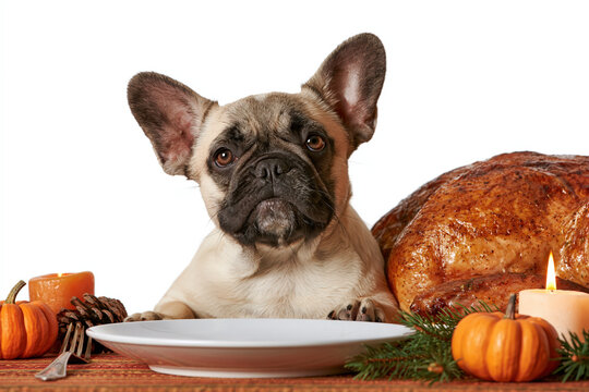 A curious French bulldog sits at a Thanksgiving dinner table, eagerly eyeing a roasted turkey and festive decorations, set against a white background.