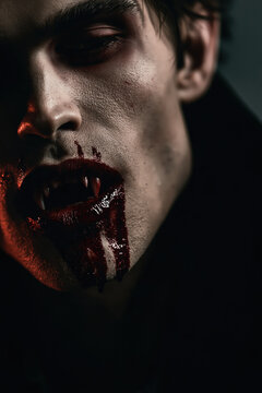 A sinister vampire with sharp fangs dripping with blood emerges from the darkness, embodying the terrifying allure of the undead and evoking a sense of horror.