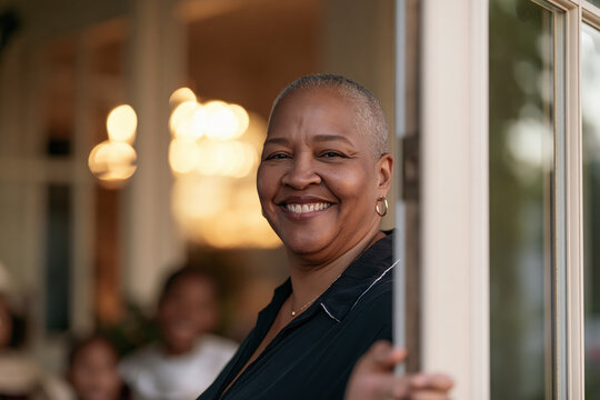 A warm and inviting portrait of a smiling grandmother opening her door, welcoming viewers into a cozy home filled with family, bathed in soft, natural light.