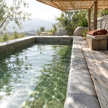Rectangular river-stone bathing pool with a driftwood plank platform along one edge and folded clothes on a wooden crate