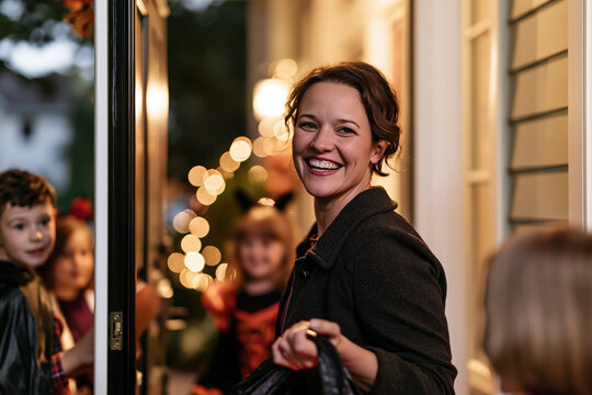 A woman smiles warmly as she welcomes trick-or-treaters to her door on Halloween night, with festive lights and children in costumes creating a magical atmosphere.